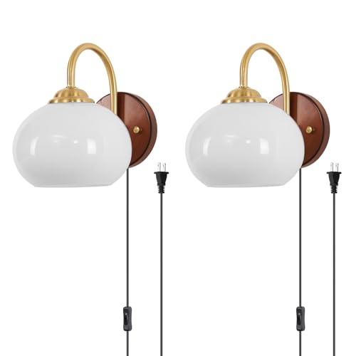 KCO Lighting Gold Bedroom Sconces Set of 2 Plug in Vintage Milk Glass Wall Sconce Plug in White Globe Wall Sconce Brass Wall Sconces Set of Two - color: White-2PC