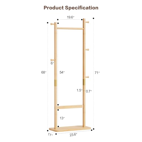 Solid Wood Coat Rack Freestanding, 71" Heavy Duty Clothes Rack with Dual Rods & Hooks, Stable Space Saving Hall Tree Entryway Organizer for Bedroom, Living Room (Natural) - color: Natural