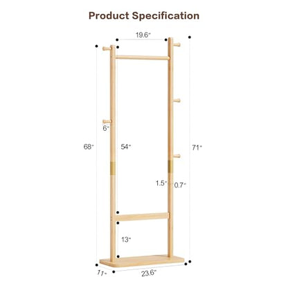 Solid Wood Coat Rack Freestanding, 71" Heavy Duty Clothes Rack with Dual Rods & Hooks, Stable Space Saving Hall Tree Entryway Organizer for Bedroom, Living Room (Natural) - color: Natural