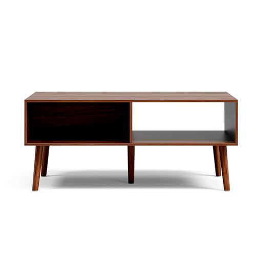 LCRBOL Coffee Table with Fluted Sliding Door, Mid-Century, Walnut | 39.3"L x 19.7"W x 17.1"H, double-sided sliding door & open shelf (7.5" clearance), golden knob, 5 tapered legs - color: Walnut(lsj012-wa)
