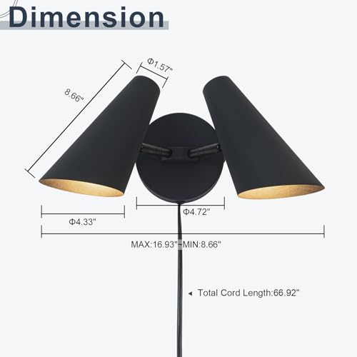 2-Light Plug in Wall Sconce, Matte Black Modern Vanity Light Wall Lamp with Rotatable Lampshade Picture Light for Bedroom Living Room Bathroom Foyer - color: B-Black