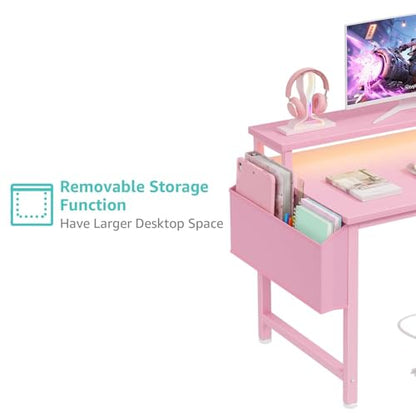 Lufeiya Girls Desk with Power Outlets and LED Lights, 40 Inch Gaming Desk Table with Charging Station, Home Office Computer Desks with Monitor, Pink - color: Pink, size: 39.4"
