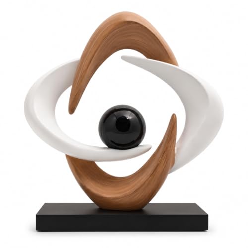 FJS Modern Abstract Sculpture Home Decor, 10.8" Wood Grain White Art Statue | Abstract Resin Statue with Black Glass Ball, Modern Table Centerpiece Decorations for Living Room, Mantel, Bookshelf, Office - color: Wood Grain White