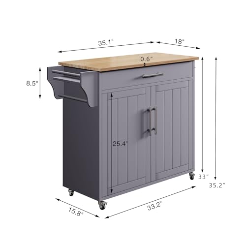 Kitchen Storage Island, Wooden Rolling Island On Wheels with Countertop, Mobile Kitchen Island Cart with Towel Rack, Spice Rack and Drawers, Grey - color: Grey