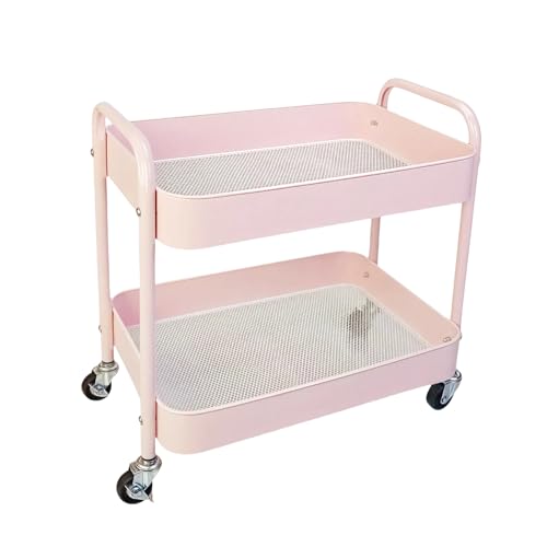 2 Tier Pink Rolling Cart with Wheels for Under Desk Storage, Large Capacity Rolling Pantry & Kitchen Storage Cart for Small Space, Sturdy Metal Bathroom Shelf Laundry Room Organization - color: Pink, size: 2-tier