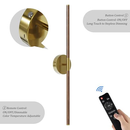 32" Battery Operated Wall Sconce Set of 2, 350° Rotating Lamp, Walnut Gold | Wireless, 8000mAh Rechargeable Battery, Stepless Dimming, 3000K-6000K, Remote & Touch Control, Timer, Living Room, Bedroom - color: Walnut Gold, size: 32 Inch (2 Pack)