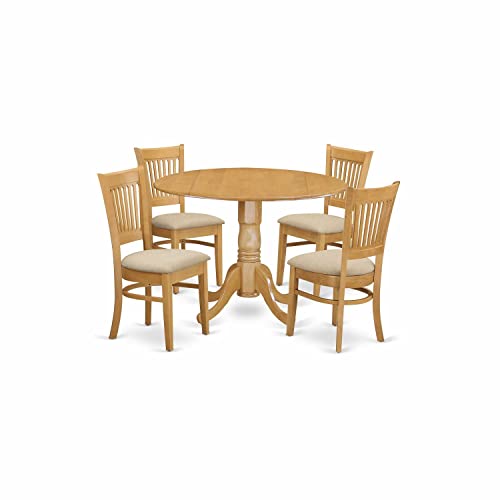 East West Furniture DLVA5-OAK-C 5 Piece Kitchen Table & Chairs Set Includes a Round Dining Room Table with Dropleaf and 4 Linen Fabric Upholstered Chairs, 42x42 Inch, Oak - color: Dlva5-oak-c