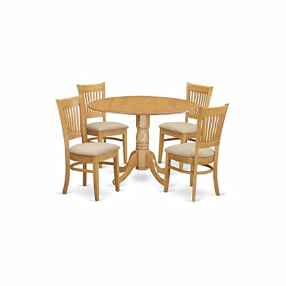 East West Furniture DLVA5-OAK-C 5 Piece Kitchen Table & Chairs Set Includes a Round Dining Room Table with Dropleaf and 4 Linen Fabric Upholstered Chairs, 42x42 Inch, Oak - color: Dlva5-oak-c