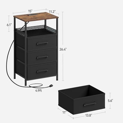 JARHETUN Nightstand Set of 2, Night Stands with Charging Station, 26.4 Inch Tall Bedside Table with Metal Shelf, Modern Side End Table with 3 Fabirc Drawers, Small Dresser for Bedroom, Rustic Brown - color: Rustic Brown, style: Power