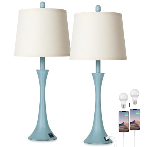 Rinweey Blue Metal Table Lamp Set of 2 with USB C+A Ports, Bedside Lamp, Modern Bedroom Lamps, Coastal Lamp for Night Stands Bedroom Living Room,Nightstand Lamp LED Bulbs Included - color: Blue(2 Pack)