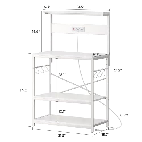 SUPERJARE Bakers Rack with Power Outlets, Microwave Stand, 31.5 X 16.5 Inch Larger Desktop, Kitchen Storage Rack with Adjustable Middle Shelf, 6 S-Shaped Hooks, Coffee Bar Stand, White - color: White, size: 31.5 inch