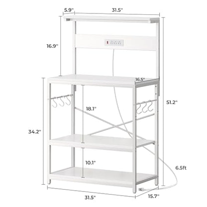 SUPERJARE Bakers Rack with Power Outlets, Microwave Stand, 31.5 X 16.5 Inch Larger Desktop, Kitchen Storage Rack with Adjustable Middle Shelf, 6 S-Shaped Hooks, Coffee Bar Stand, White - color: White, size: 31.5 inch