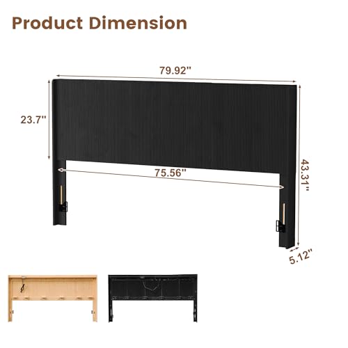 King Size Headboard with Outlets&Lighting, Black 80" W Headboard Only, Mid Century Modern Freestanding Fluted Headboard Noise-Free with Storage - color: Black, size: King