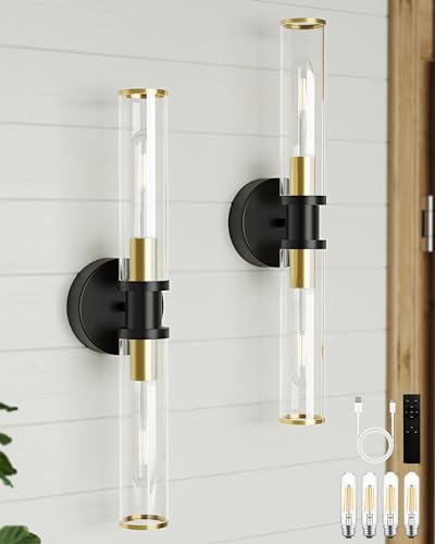 Rayogale Black & Gold Wireless Battery Operated Wall Sconces with Remote | Glass Rechargeable Wall Lights Set of 2 with Timer Function Dimmable for Living Room Bedroom Emergency 3000K, 20.5 Inch - color: Black Gold(Clear Tubular Lampshade)