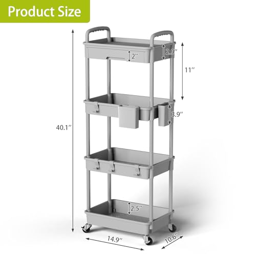 Sorgion 4 Tier Rolling Cart Organizer,Art Craft Diaper Bedside Snack Laundry Room Bathroom Organizer Narrow Thin Slim Rolling Trolley Utility Cart with Wheels for Kitchen,Office(Grey) - size: 4Tier-Grey