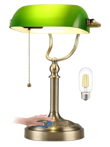 Green Stepless Dimmable Glass Bankers Desk Lamp | Table Lamp Plug in Fixture for Study, Office, LED Bulb Included - color: Green-Dimmable