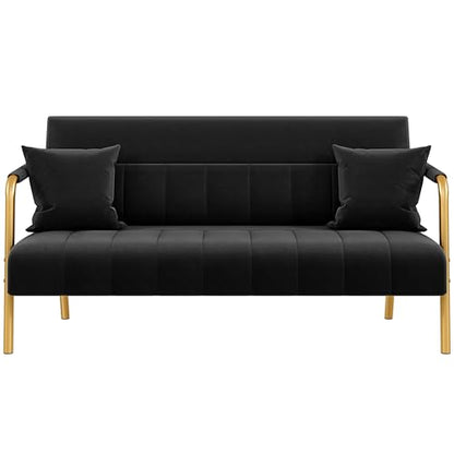 Yaheetech 56.5" Smal Sofa 2 Seater Couch with Gold-Tone Legs, Black | Small Sofa Loveseat Velve 2 Seater Couch with Tufted Back Gold Metal Frame 2 Pillows for Office, Studio,Living Room - color: Black, size: 56.5" W
