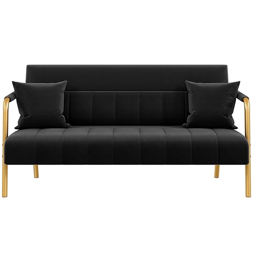 Yaheetech 56.5" Smal Sofa 2 Seater Couch with Gold-Tone Legs, Black | Small Sofa Loveseat Velve 2 Seater Couch with Tufted Back Gold Metal Frame 2 Pillows for Office, Studio,Living Room - color: Black, size: 56.5" W