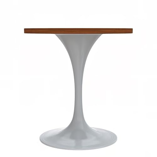 LeisureMod Verve Mid-Century Modern 27 Inch Round Dining Table, MDF Wood Tabletop with White Steel Pedestal Base, Contemporary Kitchen & Dining Room, Small Space Breakfast Table, Cognac Brown - color: Cognac Brown Wood, size: 27 inch Wide