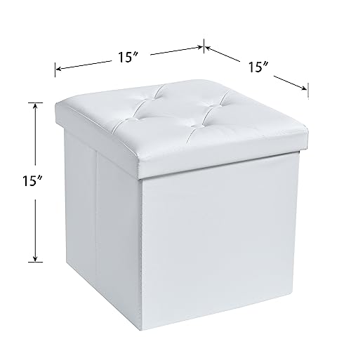 VECELO Storage Ottoman, Footrest Footstool, Folding Ottoman Small Square Cube Storage Chest for Living Room Utility Room Entryway, Holds up to 250 lb, 15 x 15 x 15 inches, White