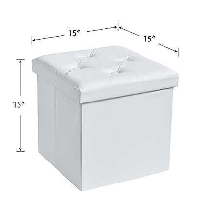 VECELO Storage Ottoman, Footrest Footstool, Folding Ottoman Small Square Cube Storage Chest for Living Room Utility Room Entryway, Holds up to 250 lb, 15 x 15 x 15 inches, White
