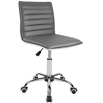 JUMMICO Armless Vanity Office Chair with Wheels, Small Cute Makeup Desk Chair Ribbed Leather Swivel Computer Task Chair (Gray) - color: Grey