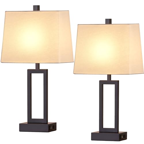 23.5" Touch Control Table Lamps Set of 2, Bedside Lamp with 2 USB Ports & AC Outlet, 3-Way Dimmable Nightstand Lamp with White Linen Shade for Living Room Bedroom End Table Office(2 LED Bulb Included) - color: White