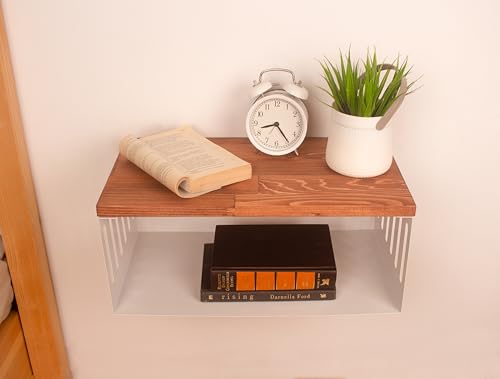 Floating Nightstand with White Metal Base, Wooden Top and Sturdy Metal Base, Minimalist Bedside Table, Wall Mounted Shelf, Bedside Shelf (Paris) - color: Paris