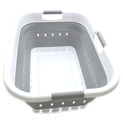 SAMMART 41L (10.8 gallon) Collapsible 3 Handled Plastic Laundry Basket - Foldable Pop Up Storage Container/Organizer - Portable Washing Tub - Space Saving (3 handled rectangular, White/Grey)