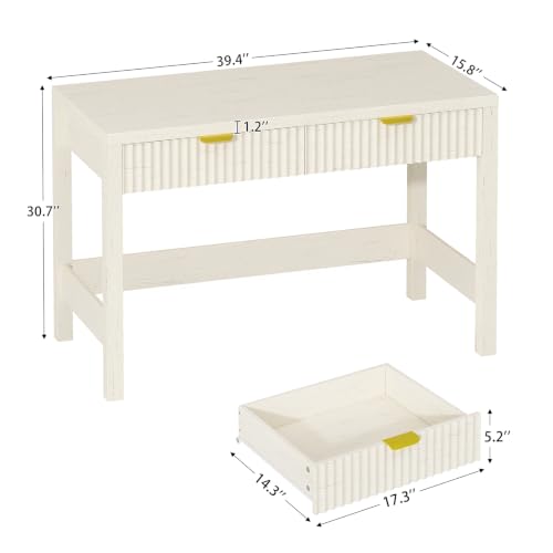 39 Inch Small Fluted Computer Desk with 2 Drawers for Bedroom, Home Office | Small Computer Desk with Storage for Bedroom, Compact Writing Study Desk for Small Spaces, White - color: White, size: 39-Inch Desk