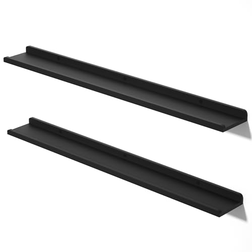 Love-KANKEI 48" Long Black Floating Shelves with Lip,Solid Wood,Set of 2 | Protective Ledge,Easy to Install,26 Lbs/shelf,For Bedroom Living Room Bathroom Kitchen Office,Nursery Display,Wall Decor - color: Black, size: 48inch