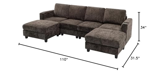 110" Convertible U-Shape Couch with 2 Flexible Ottomans, Brown | Soft Sectional Sofa w/2 Built-in Cup Holders, Chenille 4 Seats Sofa with Well-Filled Back Cushions for Living Room, House - color: Brown, size: 110" U-Shape