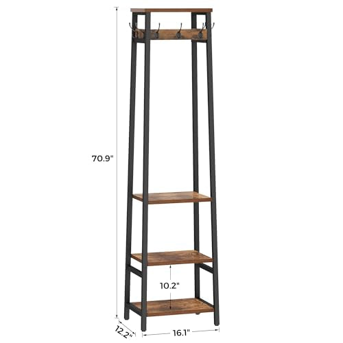 Coat Rack Freestanding with 3 Shelves and 7 Hooks | Coat Stand, Hall Tree Free Standing, Clothes Rack Stand Organizer, Industrial Style, Rustic Brown and Black - color: Rustic Brown and Black, style: 3 Shelves