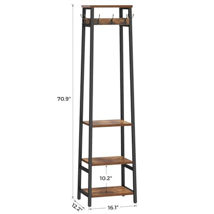 Coat Rack Freestanding with 3 Shelves and 7 Hooks | Coat Stand, Hall Tree Free Standing, Clothes Rack Stand Organizer, Industrial Style, Rustic Brown and Black - color: Rustic Brown and Black, style: 3 Shelves