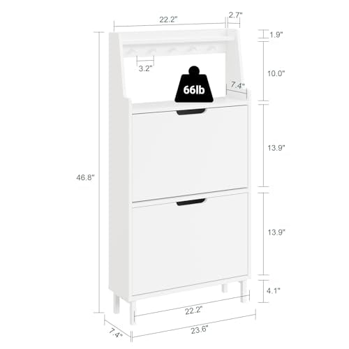 HHaotian Flip-Drawer Shoe Cabinet with Two Drawers & Open Shelves | Slim Hidden Shoe Rack Cabinet with Hook for Entryway, FSR221-W - color: White, size: 2-Drawers+Shelf