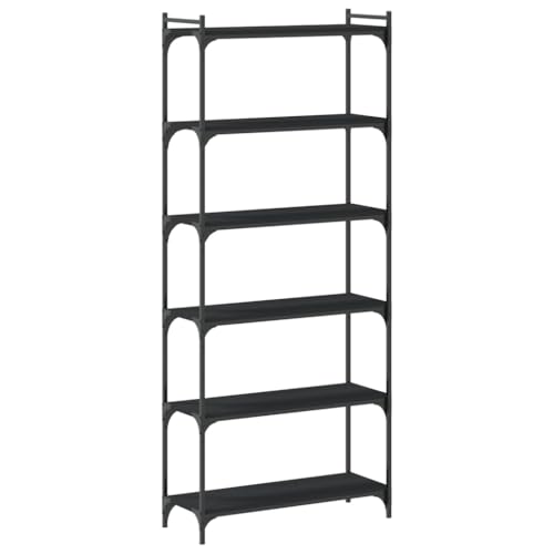 Industrial 6-Tier Bookcase Matte Black Engineered Wood Shelving Unit 74 in Tall Adjustable Shelves for Living Room Office Bedroom - color: Black-f, size: Medium