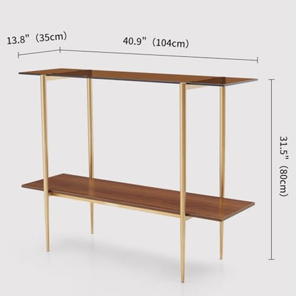 LumFurn Glass Console Table for Living Room, Foyer & Entrance, 2-Tiers Mid-Century Modern Sofa Table with Amber Glass Top, Walnut Finish Wood Shelf and Gold Finish Frame - color: L40.9" Amber & Walnut