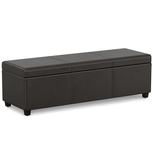 SIMPLIHOME Avalon 54" Wide Vegan Leather Storage Ottoman in Tanners Brown | Contemporary lift-top ottoman with high-density foam; rectangle storage bench or coffee table for living room or entryway. - color: Tanners Brown
