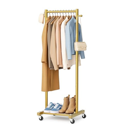 SLEEPING LAMB Small Clothes Racks for Hanging Clothes, Rolling Clothing Rack with Shelves, 60" Metal Garment Rack with Wheels Portable Wardrobe Rack for Small Space, Gold - color: Gold