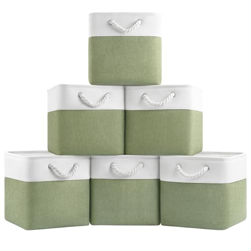 Patvingot 11-Inch Fabric Cube Storage Bins with Handles,6 Pack,Foldable | For cube shelves and closets,keeps grouped for everyday access,reinforced opening and fold-flat storage,white and green - color: White/Green, size: 11"×11"×11"-6Pack