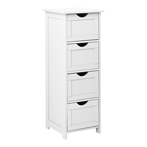 Bonnlo Skinny Bathroom Floor Storage Cabinet,White 12 Inch Wide Deep Small Storage Organizer with 4 Drawers, Wooden Modern Thin Free Standing Tower Cabinet w/ 4 Cute Drawers for Bathroom, Living Room - color: White