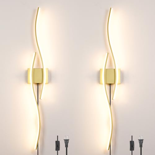 Daunton Modern Gold Plug in Wall Sconces Set of Two, RC Dimmable LED Plug in Wall Light, Wall Lamps with Plug in Cord for TV Wall Sconces, Gold Sconce Wall Lighting for Living Room, Hallway, Bedroom - color: Gold, size: 40.5in A plug in