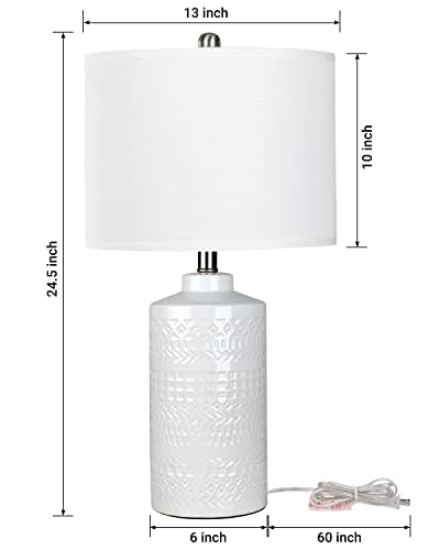 JUNNAI 24.5" White Ceramic Table Lamp 3-Way Dimmable Nightstand with White Linen Shade Bedside Lamp for Bedrooms & Living Room Office Reading(Bulb Included) - color: White