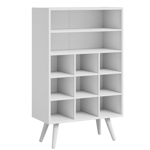 5 Tiers Shoe Cubby with Legs, Stackable Wood Shoe Rack Organizer with 9-Cube and 2 Storage Shelves, Holds 10-15 Pairs, Freestanding Shoe Rack for Closet, Entryway, Apartment, White - color: White