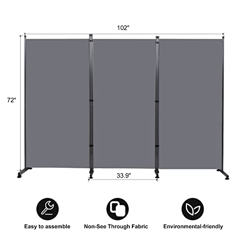 Room Divider 3 Panel Folding Privacy Screen, Round Pad Design Wall Divider | 71''Hx102''W, UV Protection Fabric, Wobble-free Metal Frame, Large 3 Panel Partition Room Dividers, Indoor Window Blackout - color: Grey
