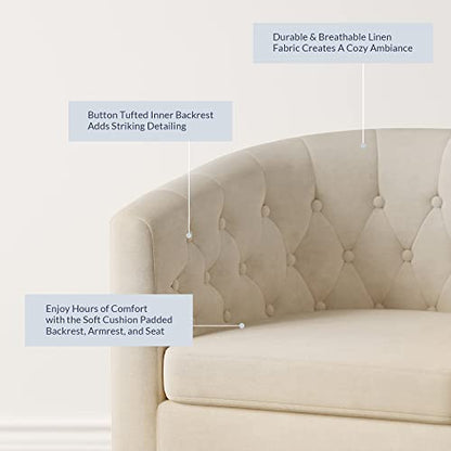 BELLEZE Accent Barrel Arm Chair, Modern Comfy Upholstered Tufted Club Chair with Sturdy Legs and Linen Fabric for Bedroom Living Room - White - color: White, size: 1 x Linen Chair