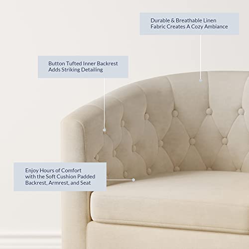 BELLEZE Accent Barrel Arm Chair Set of 2, Modern Comfy Upholstered Tufted Club Chair with Sturdy Legs and Linen Fabric for Bedroom Living Room - White - color: White, size: 2 x Linen Chair