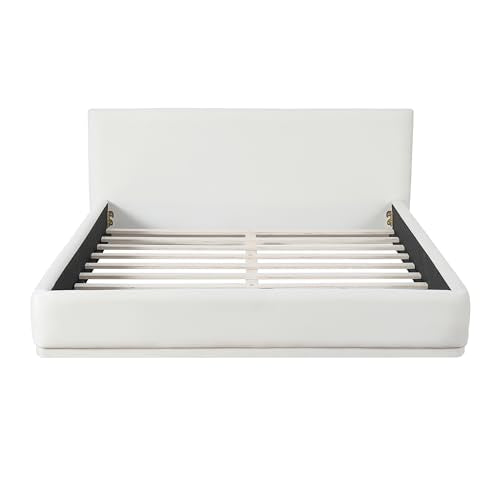 Merax Modern Queen Upholstered Bed Frame with Wingback, Soft Velvet Low Platform Bed, No Box Spring Needed, Easy Assemble, White - color: White, size: Queen