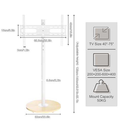 unho White Rolling tv Stands for Living Room Swivel tv Stand on Wheels | for 40-75 Inch LCD LED OLED TVs, Height Adjustable&Wood Basecorner tv Stand,Portable Mobile TV Cart Holds up to 110Lbs - size: WT 1-pole 40-75 inches