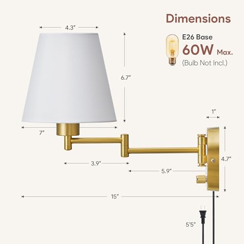 VONLUCE Wall Sconce Set of 2, Plug in & Swing Arm Wall Lamps, Gold Finish | Modern Wall Lights with White Fabric Shades, Plug in & Hardwired Wall Mounted Light for Bedside, Living Room, Hallway - color: Gold, size: 2 Pack